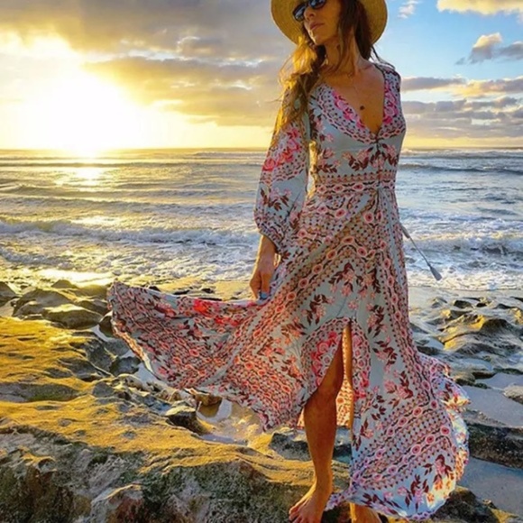 Dresses & Skirts - SOLD OUT Blue Floral Bohemian Long Button Up Maxi Dress